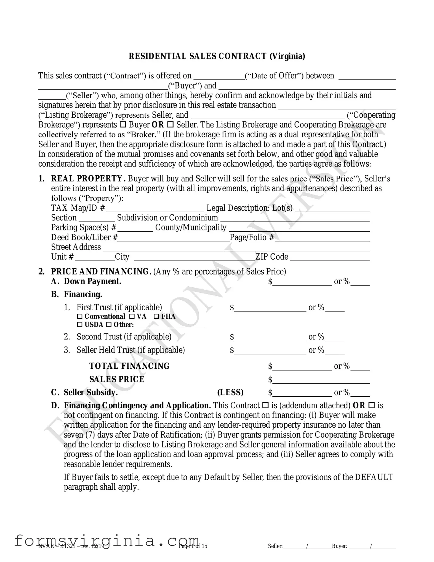 Free No Broker Residential Sales Virginia PDF Form