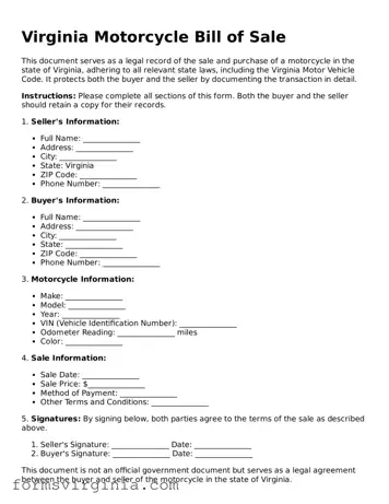 Official Virginia Motorcycle Bill of Sale Document