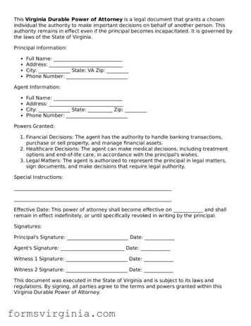 Official Virginia Durable Power of Attorney Document