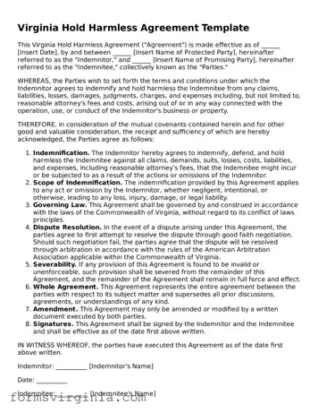 Official Virginia Hold Harmless Agreement Document