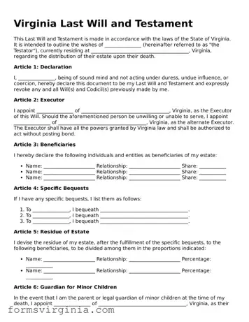 Official Virginia Last Will and Testament Document