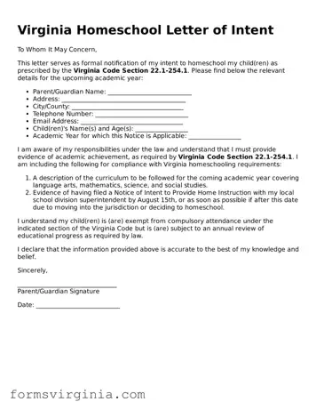 Official Virginia Homeschool Letter of Intent Document