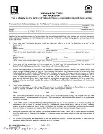 Free Virginia Realtors Pet Addendum PDF Form