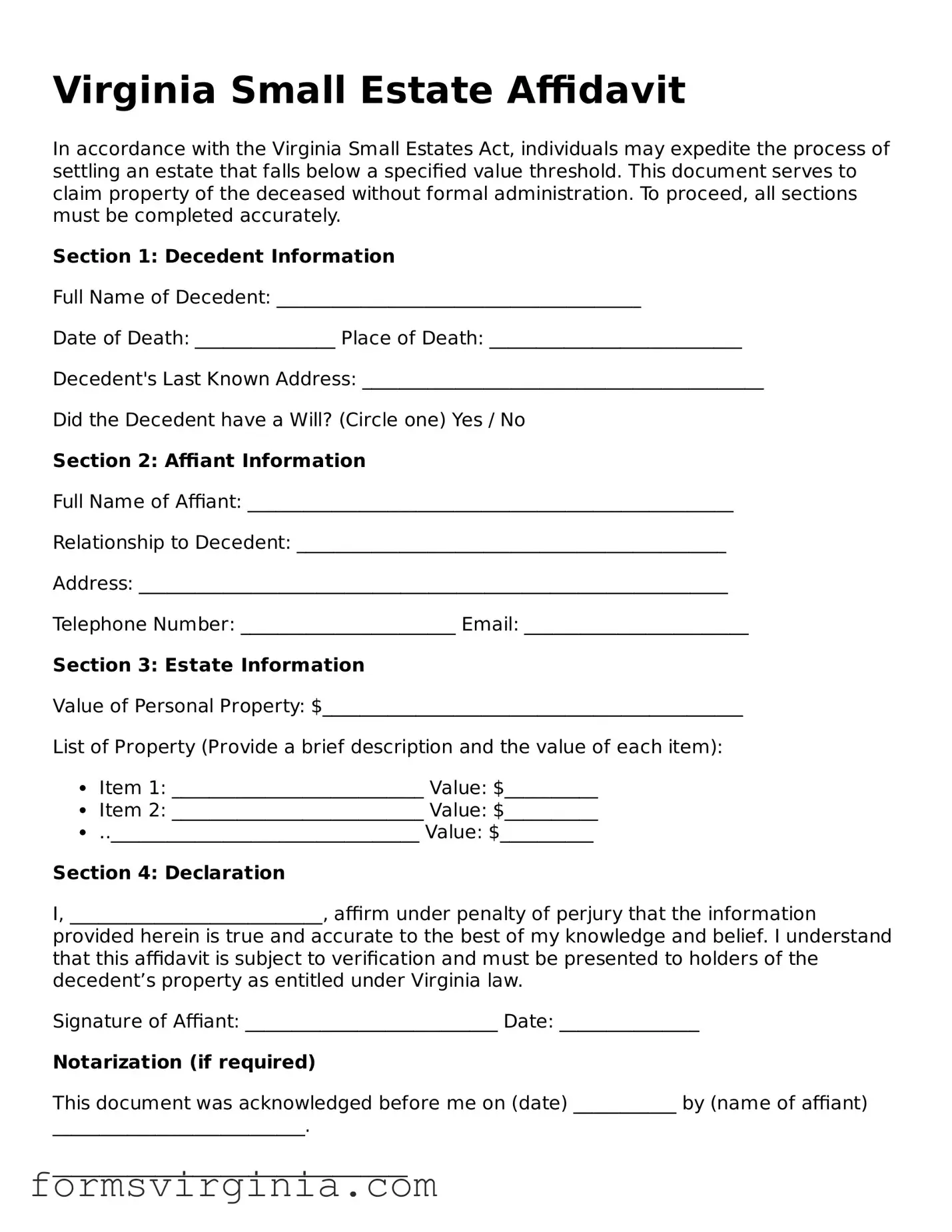 Official Virginia Small Estate Affidavit Document