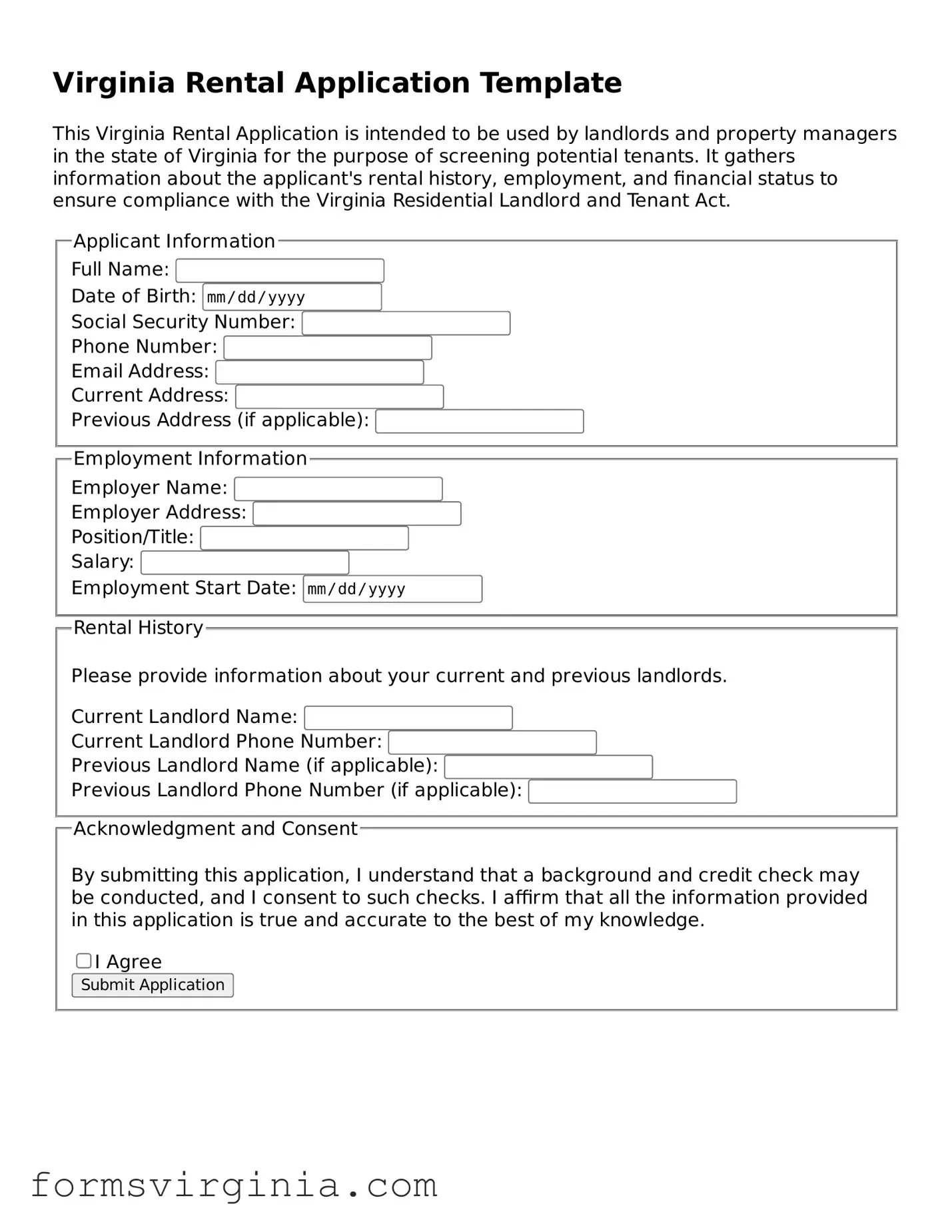 Official Virginia Rental Application Document