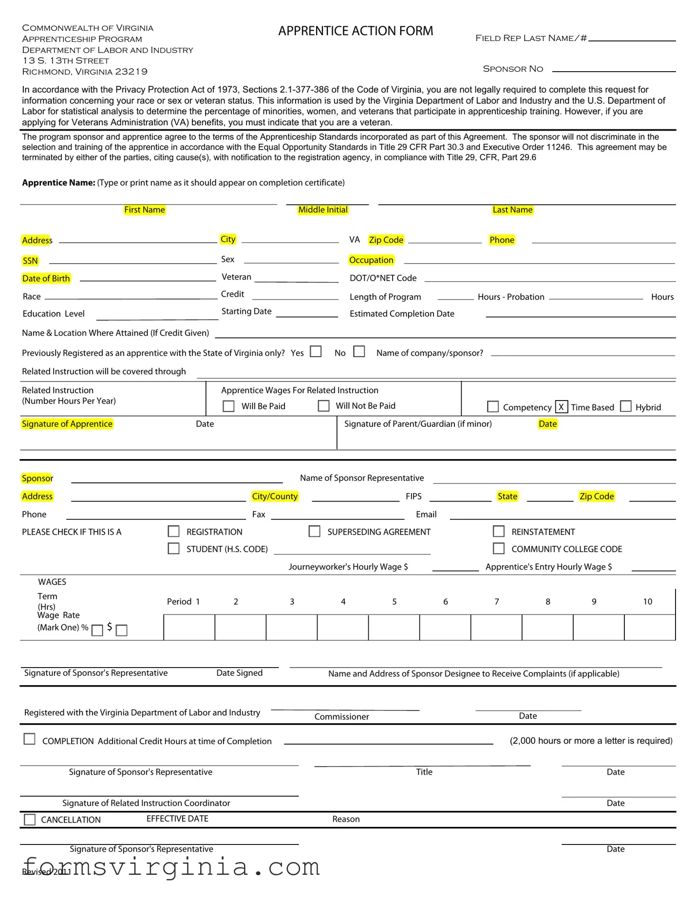 Free Virginia Apprentice Action PDF Form