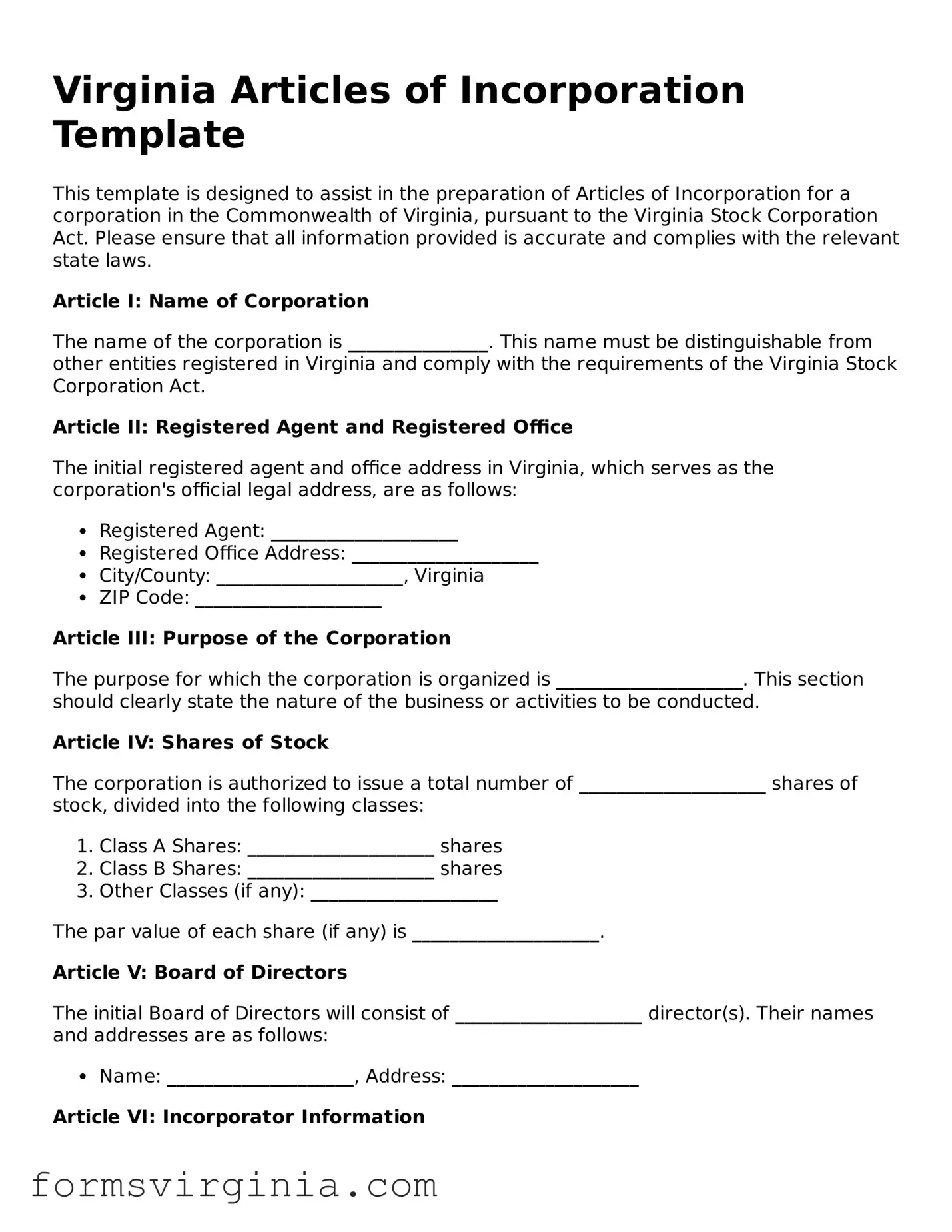 Official Virginia Articles of Incorporation Document