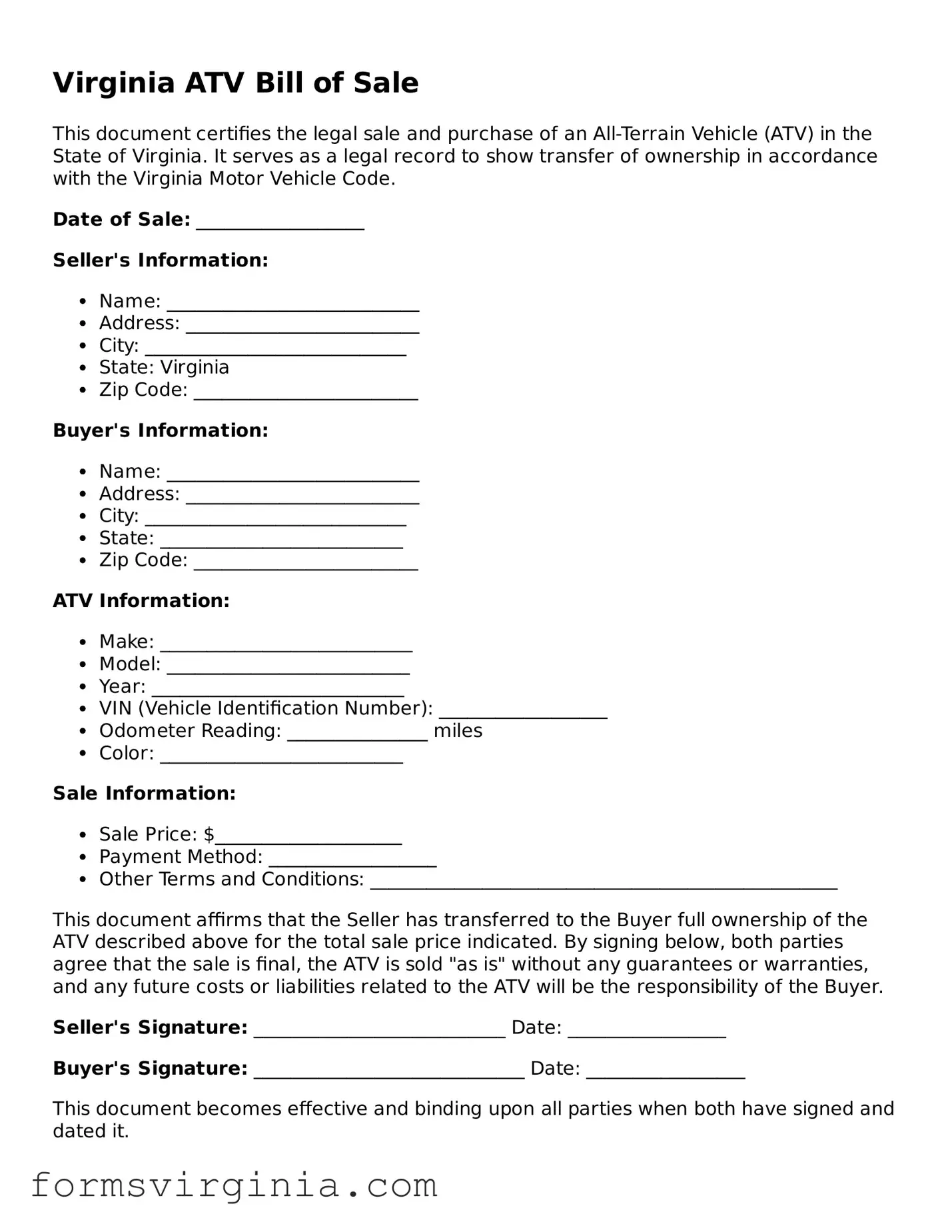 Official Virginia ATV Bill of Sale Document