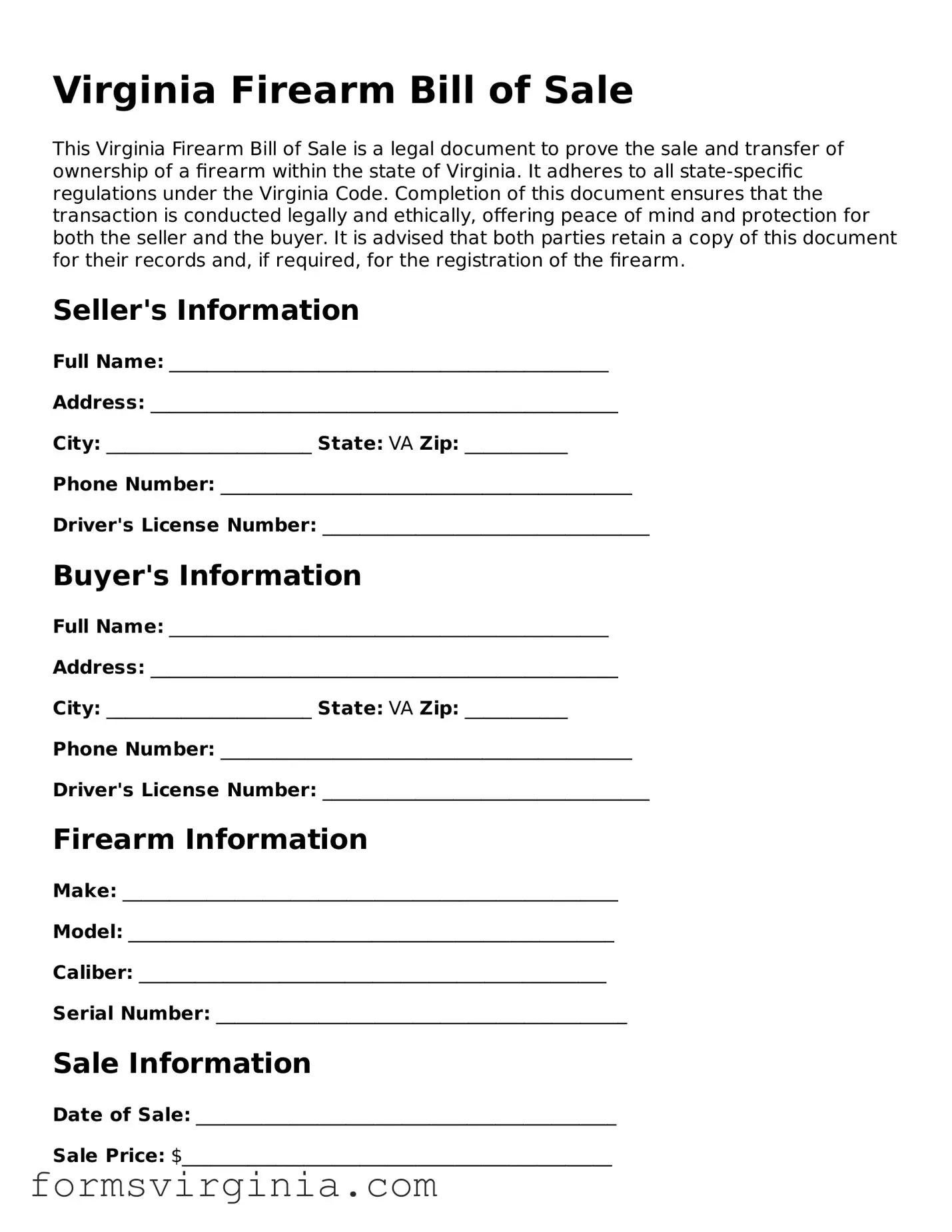 Official Virginia Firearm Bill of Sale Document