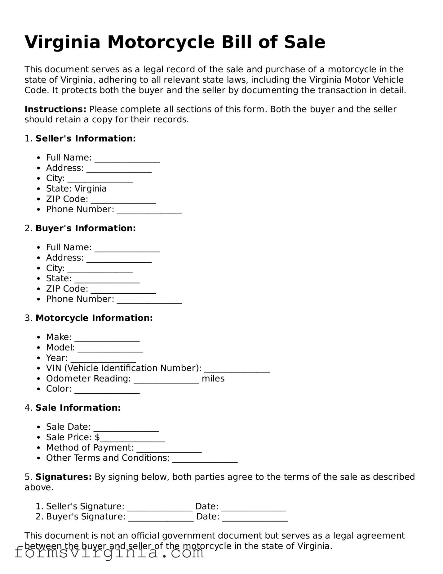 Official Virginia Motorcycle Bill of Sale Document