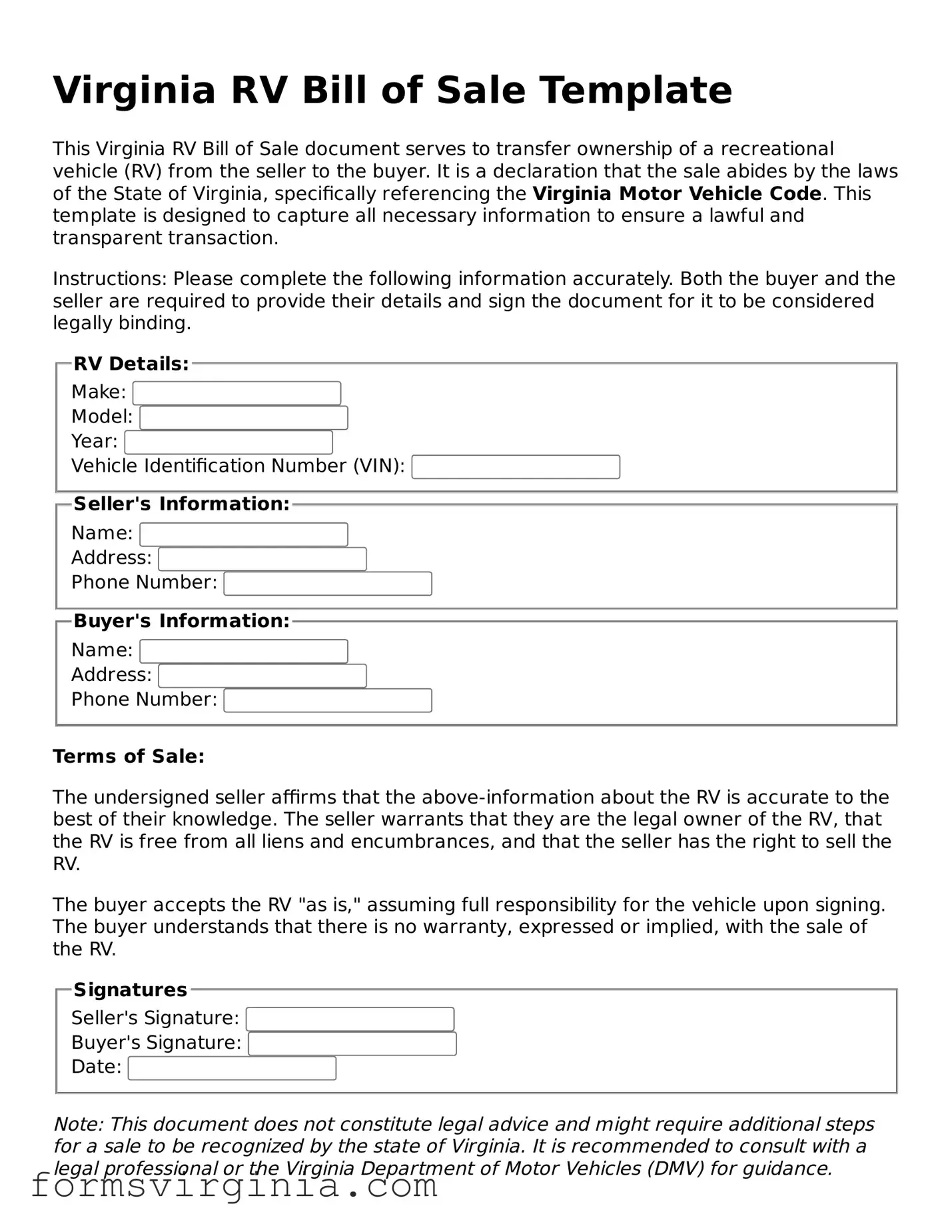 Official Virginia RV Bill of Sale Document