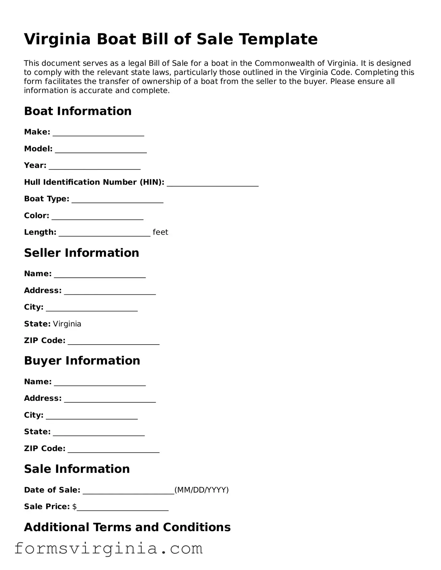 Official Virginia Boat Bill of Sale Document