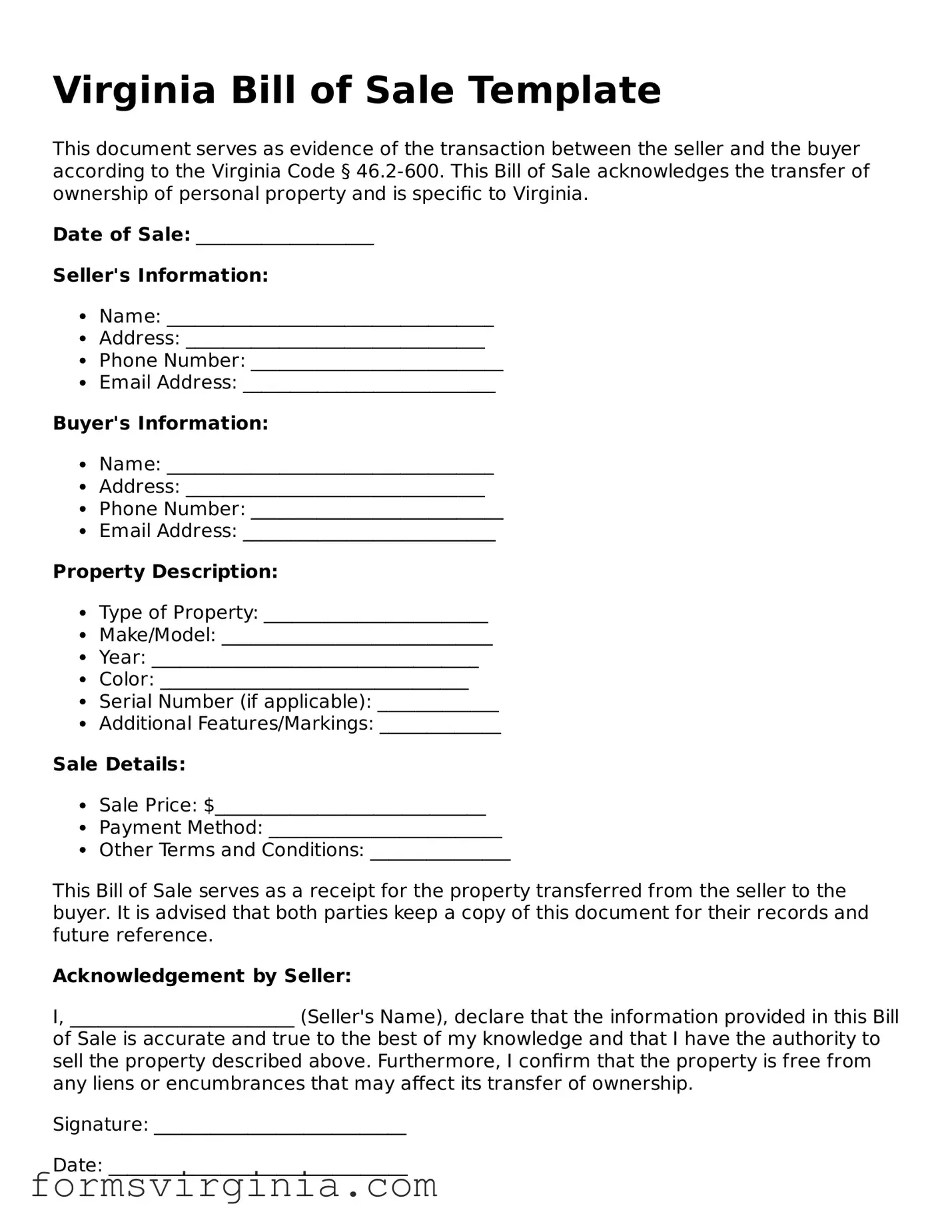 Official Virginia Bill of Sale Document