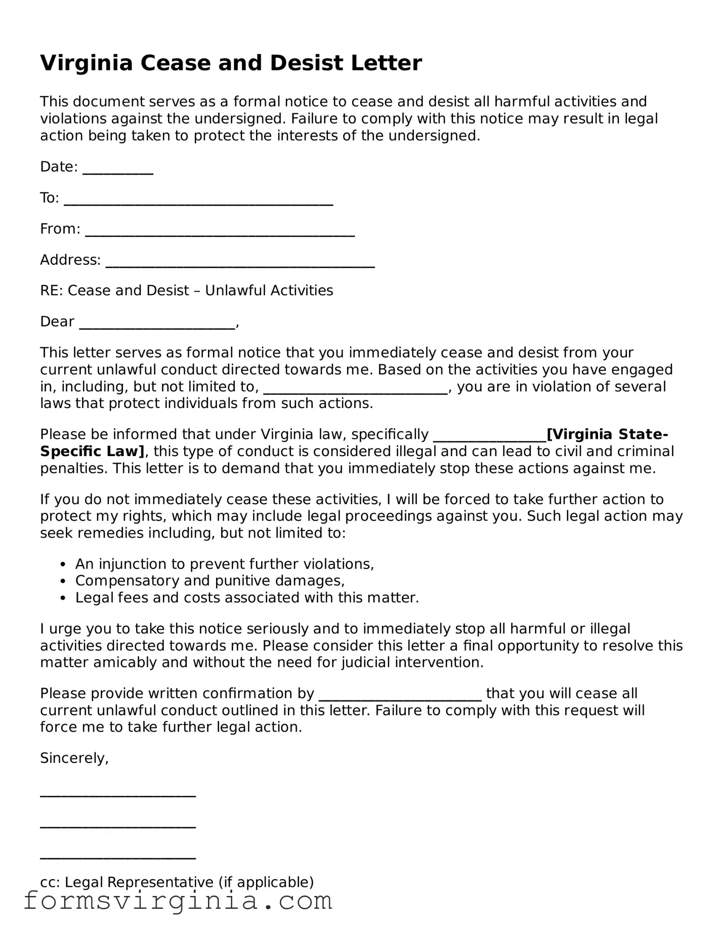 Official Virginia Cease and Desist Letter Document