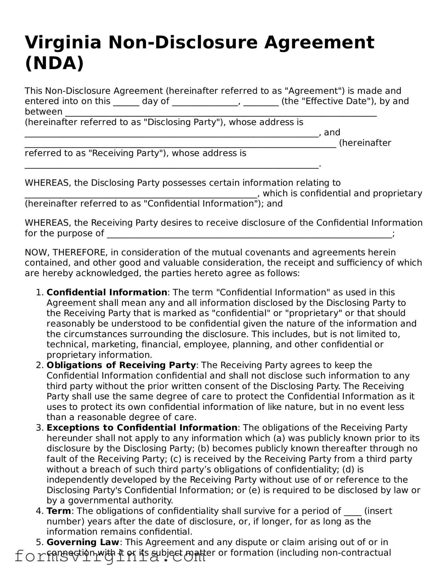 Official Virginia Non-disclosure Agreement Document