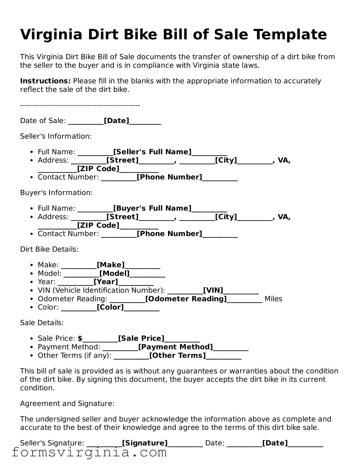 Official Virginia Dirt Bike Bill of Sale Document