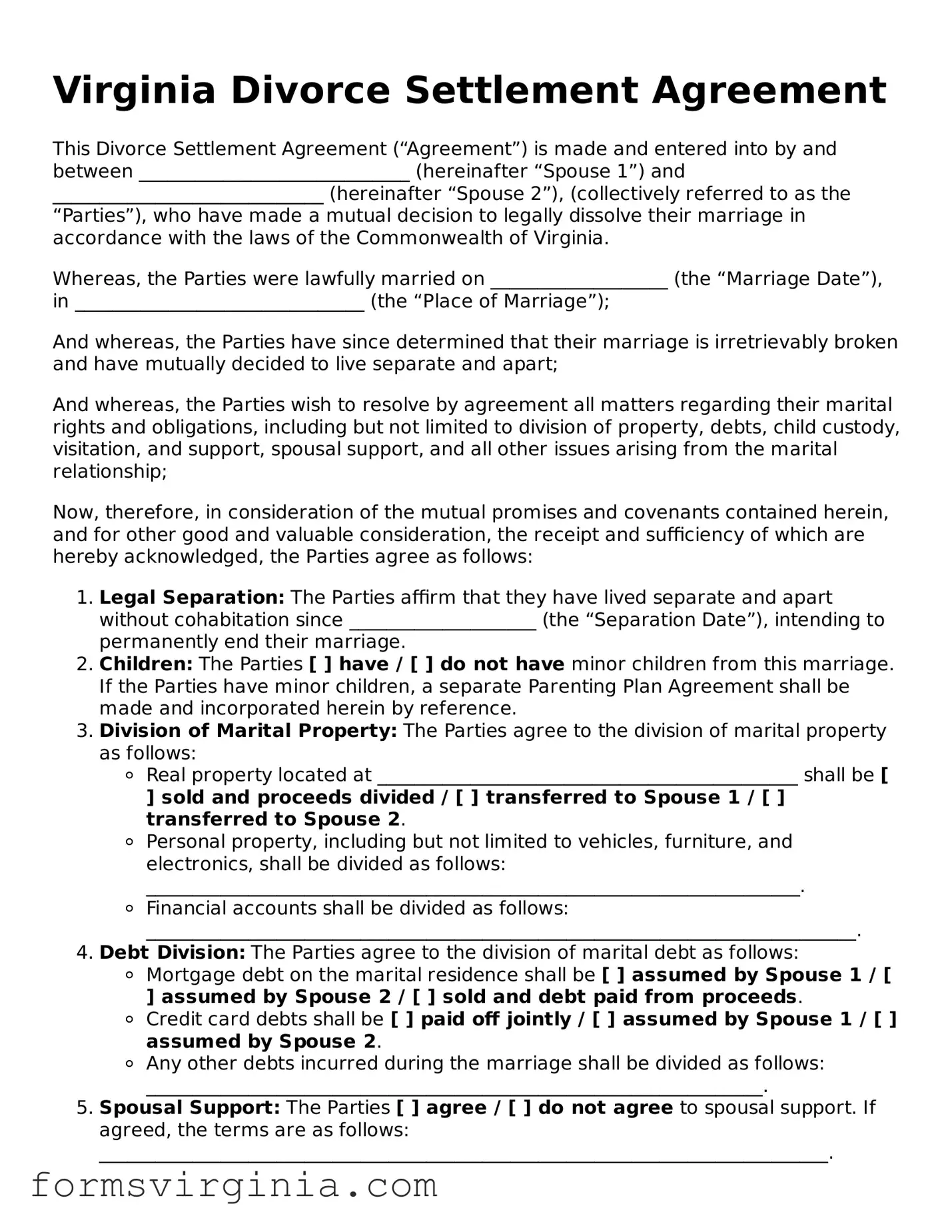 Official Virginia Divorce Settlement Agreement Document