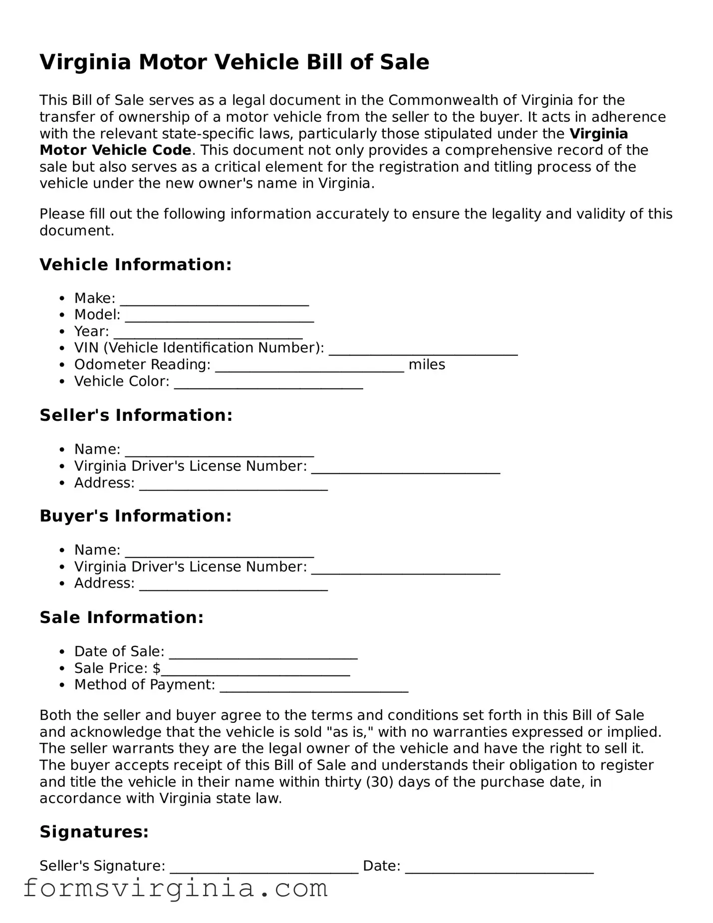 Official Virginia Motor Vehicle Bill of Sale Document