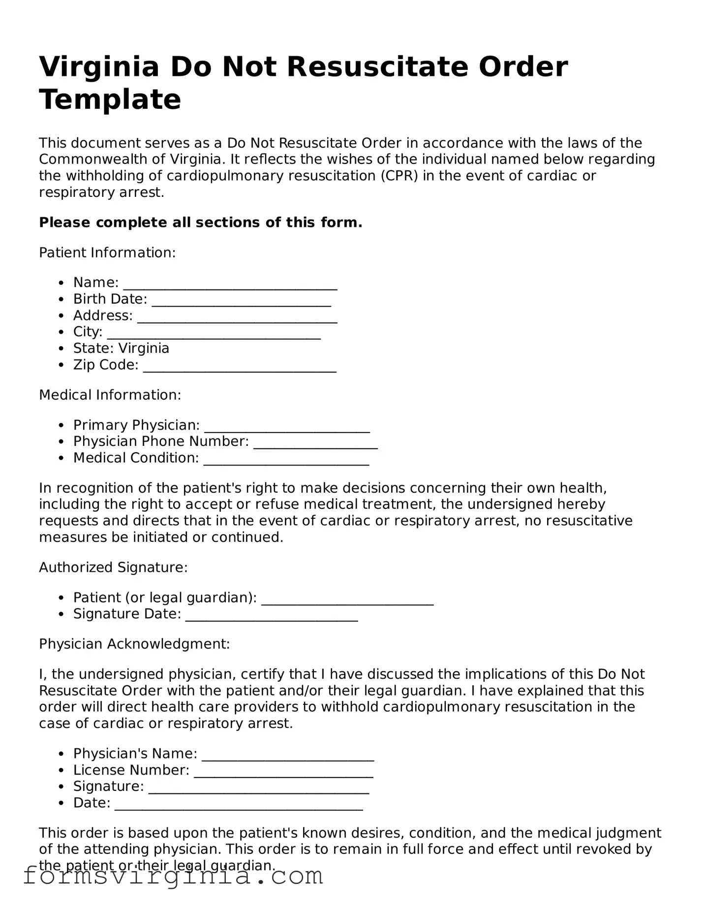 Official Virginia Do Not Resuscitate Order Document
