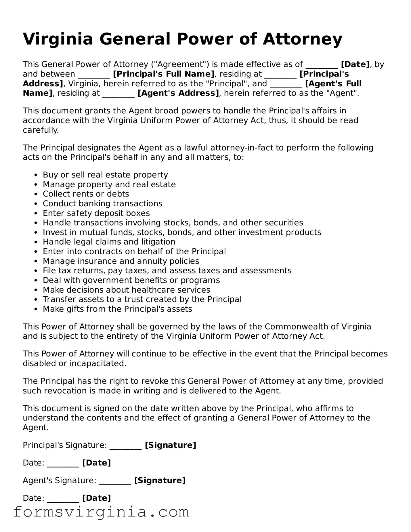Official Virginia General Power of Attorney Document
