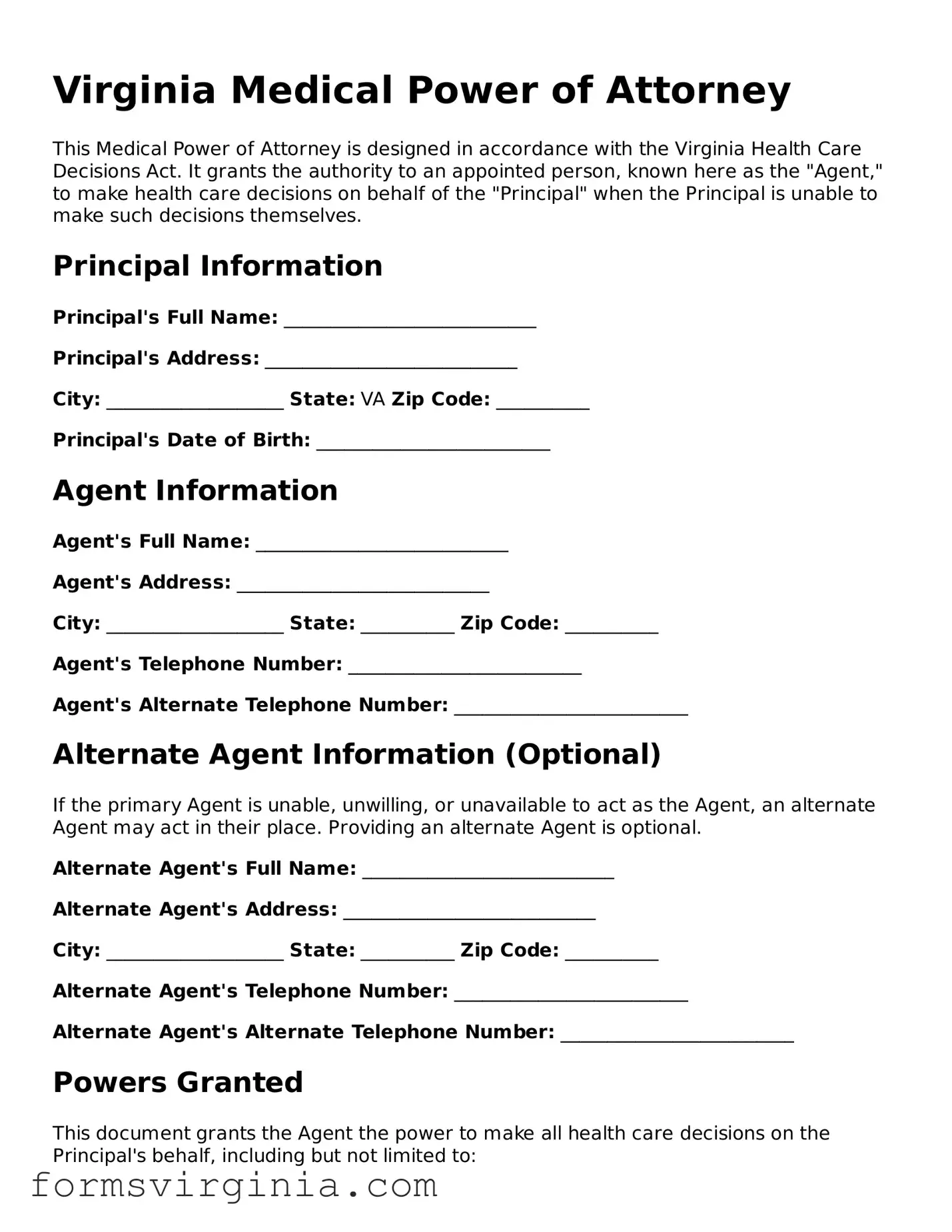 Official Virginia Medical Power of Attorney Document