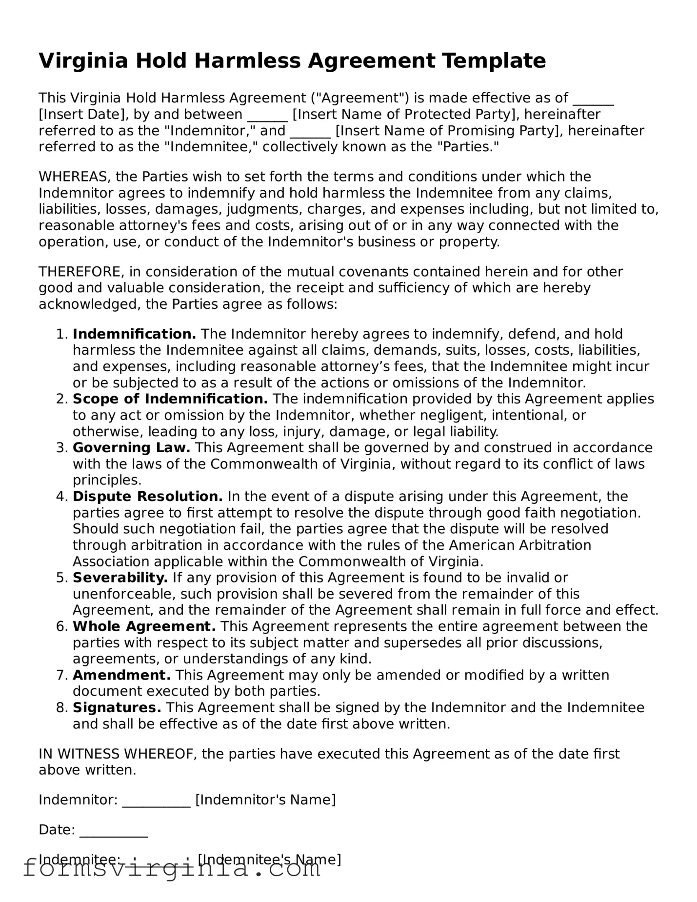 Official Virginia Hold Harmless Agreement Document