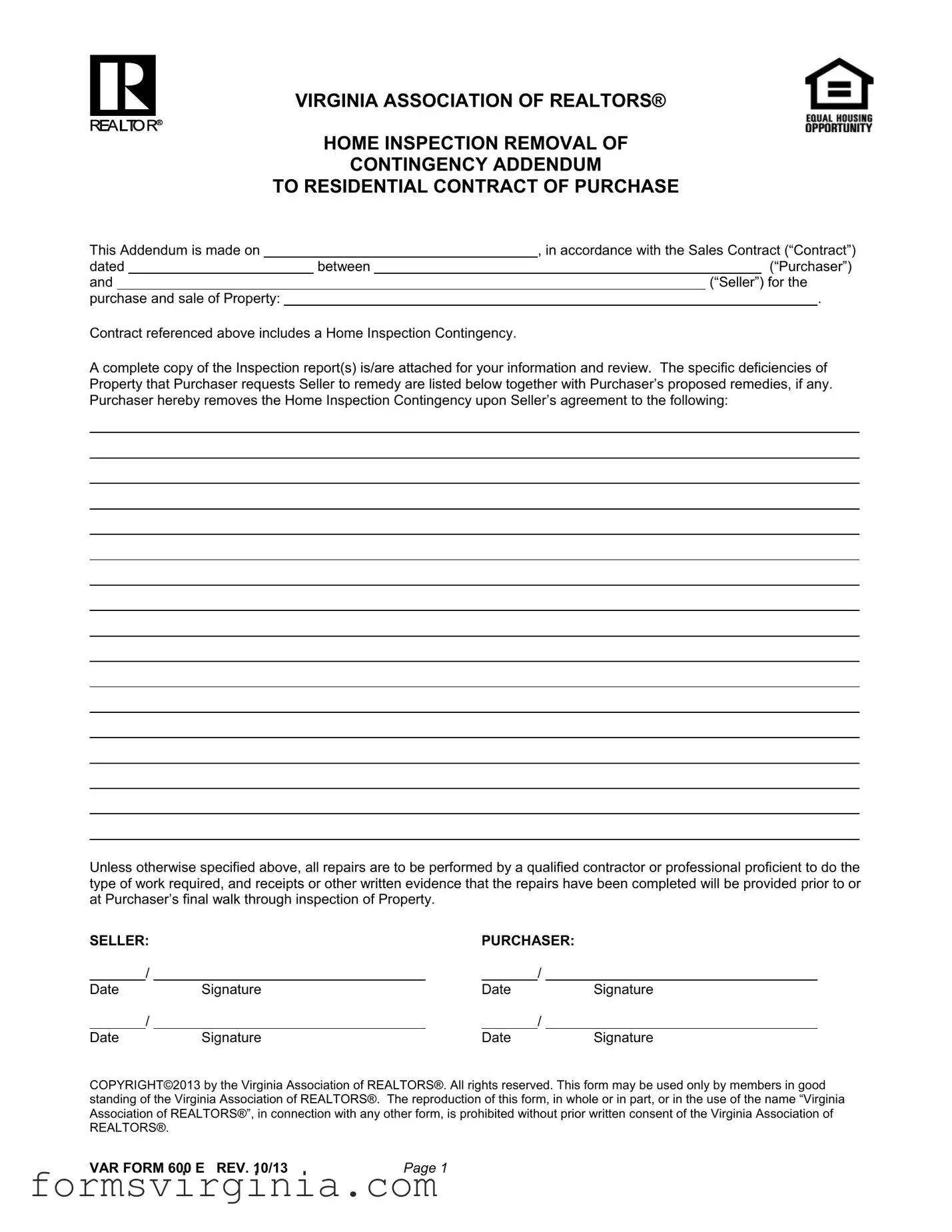 Free Virginia Home Inspection Addendum PDF Form