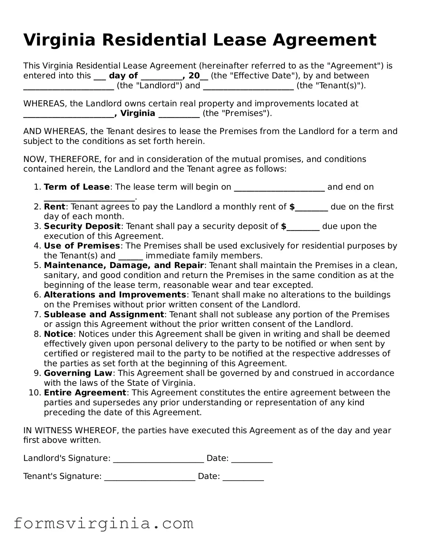 Official Virginia Residential Lease Agreement Document