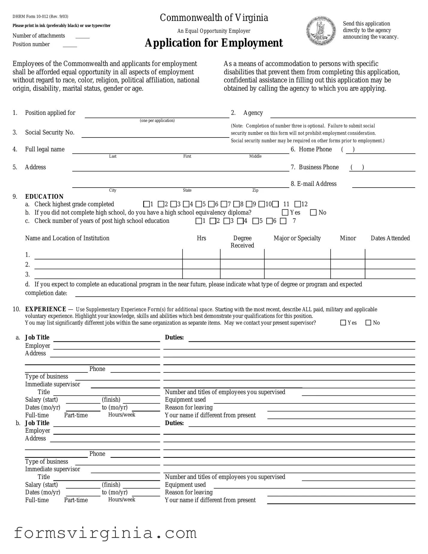 Free Virginia Job Application PDF Form