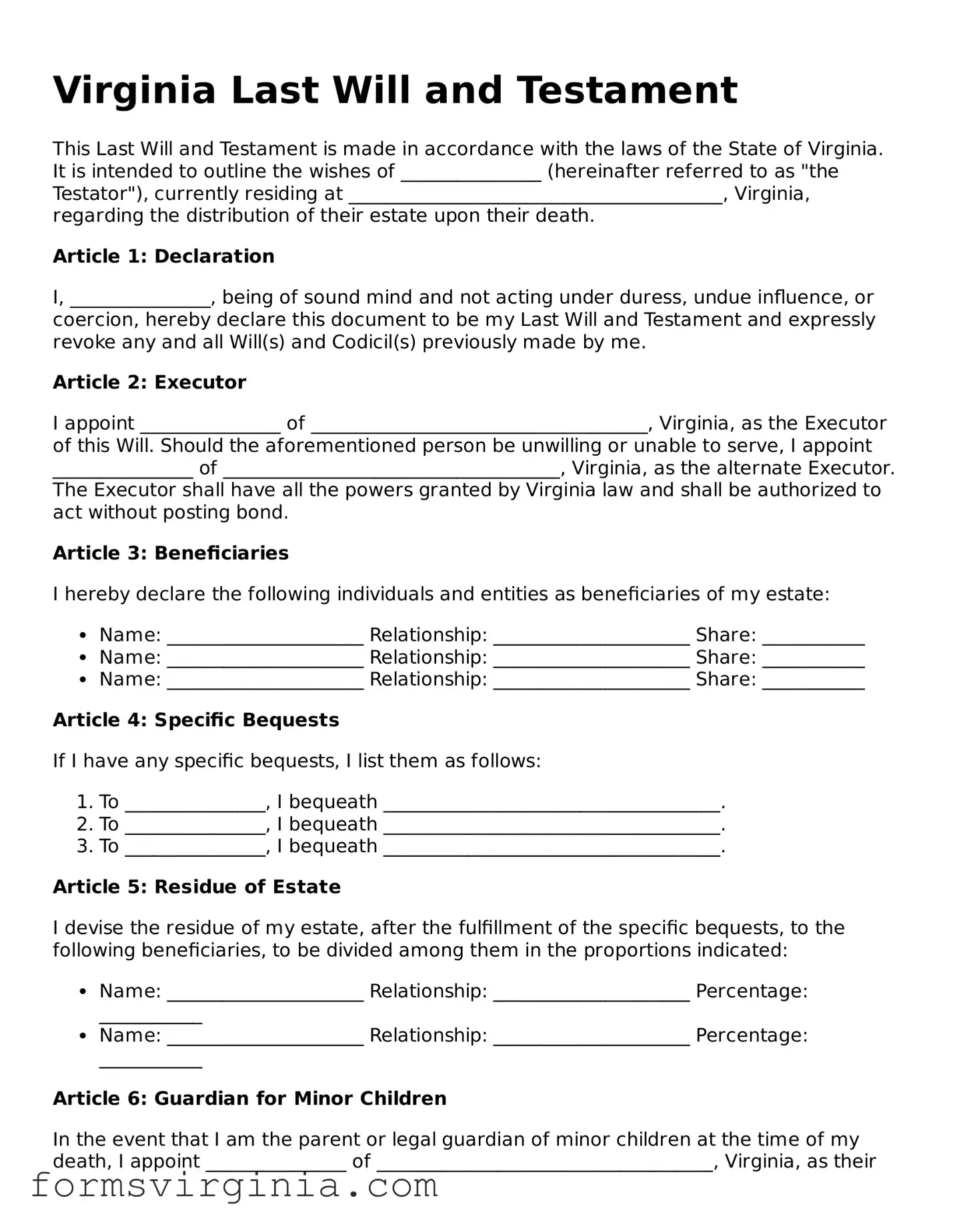 Official Virginia Last Will and Testament Document