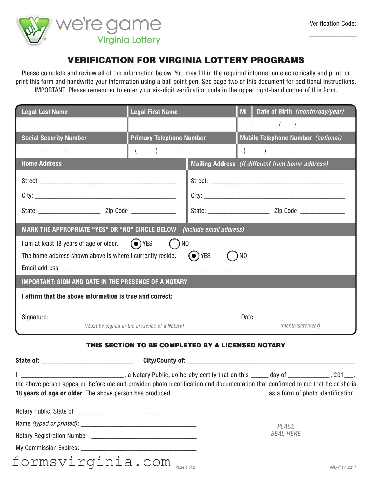 Free Virginia Lottery PDF Form