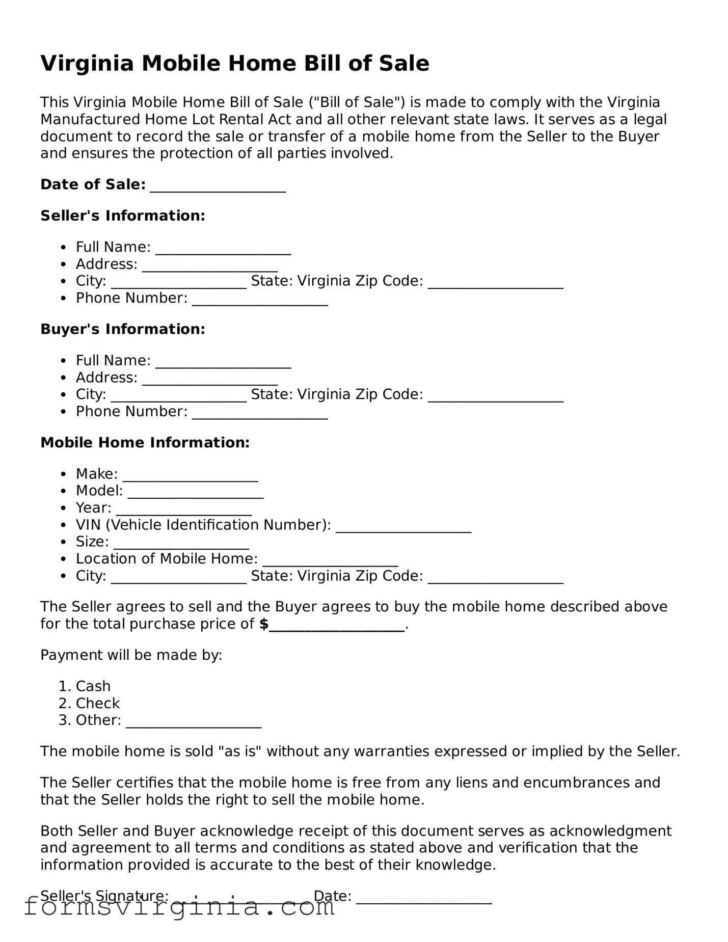 Official Virginia Mobile Home Bill of Sale Document