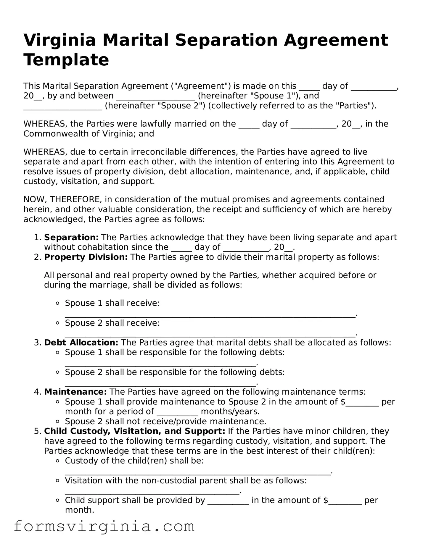Official Virginia Marital Separation Agreement Document