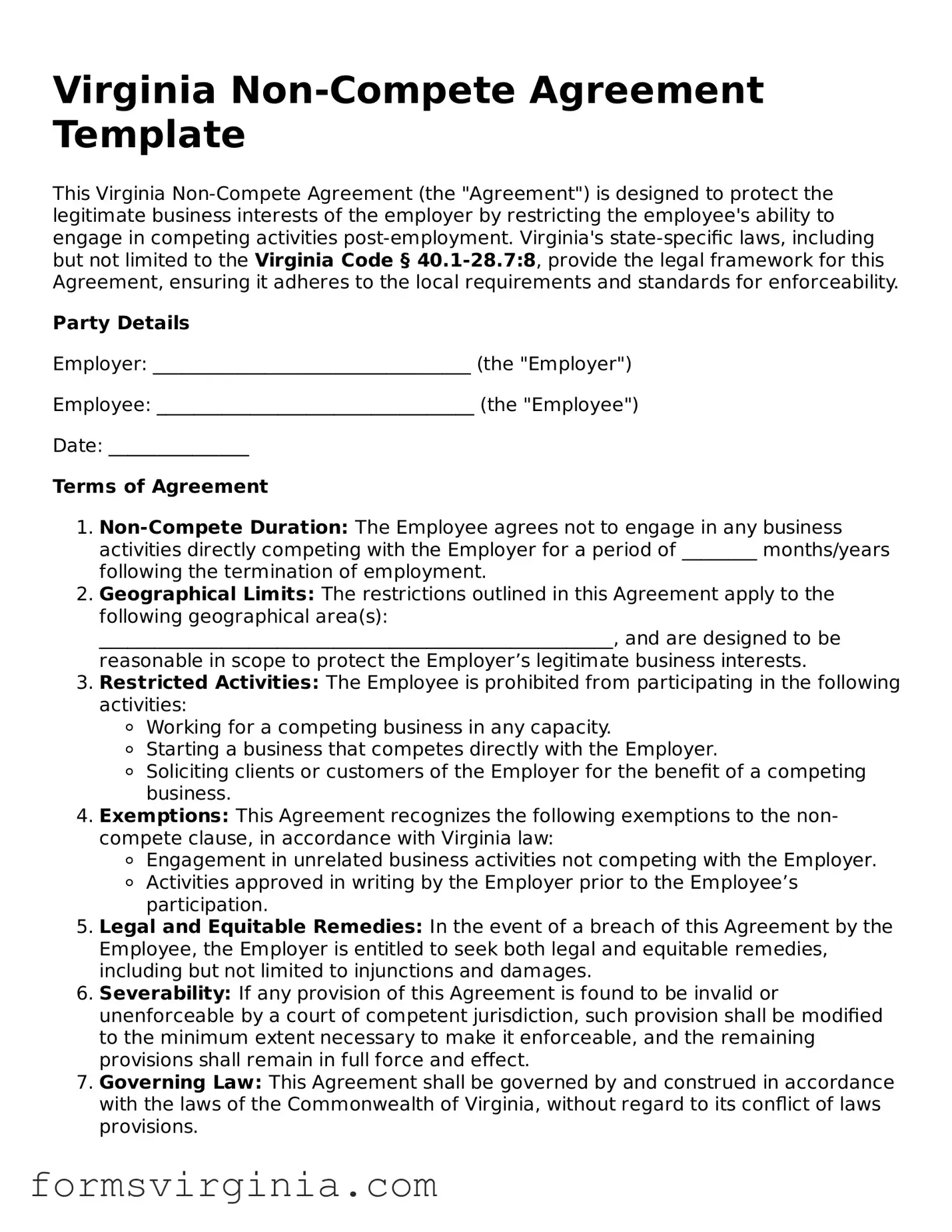 Official Virginia Non-compete Agreement Document