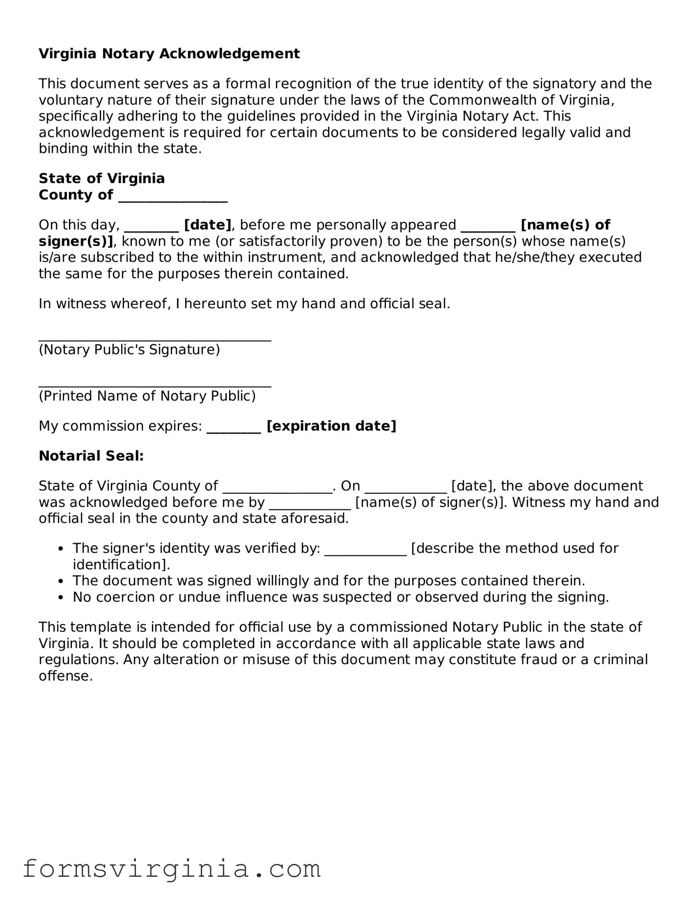 Official Virginia Notary Acknowledgement Document