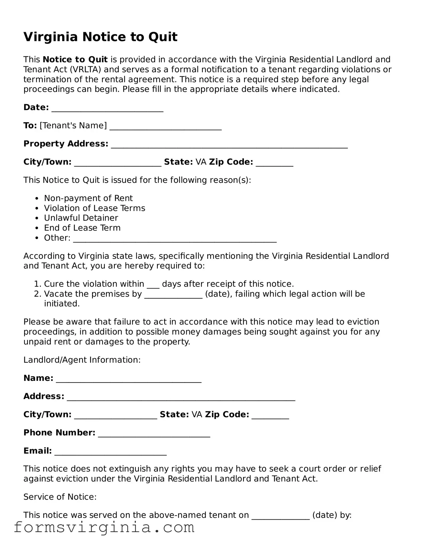 Official Virginia Notice to Quit Document