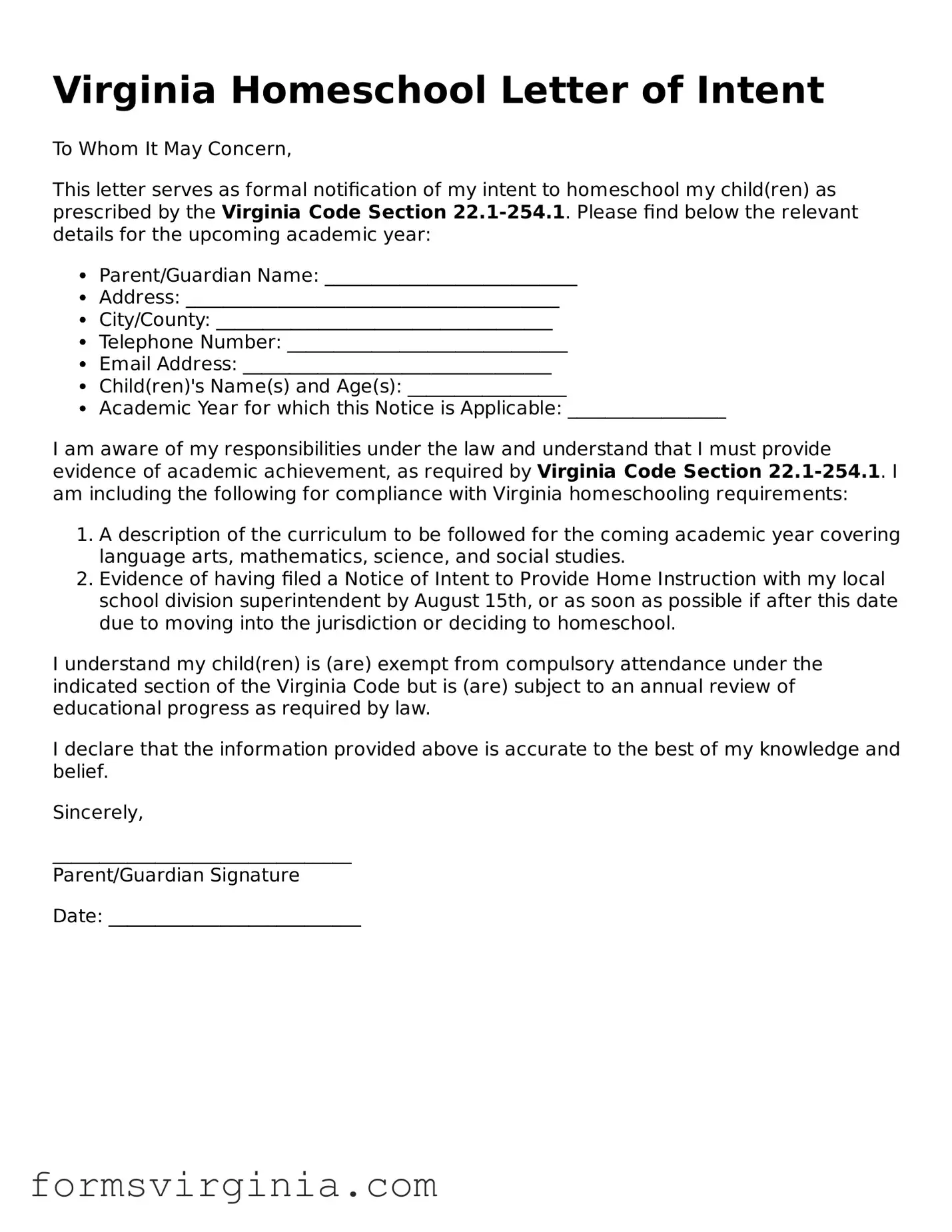 Official Virginia Homeschool Letter of Intent Document