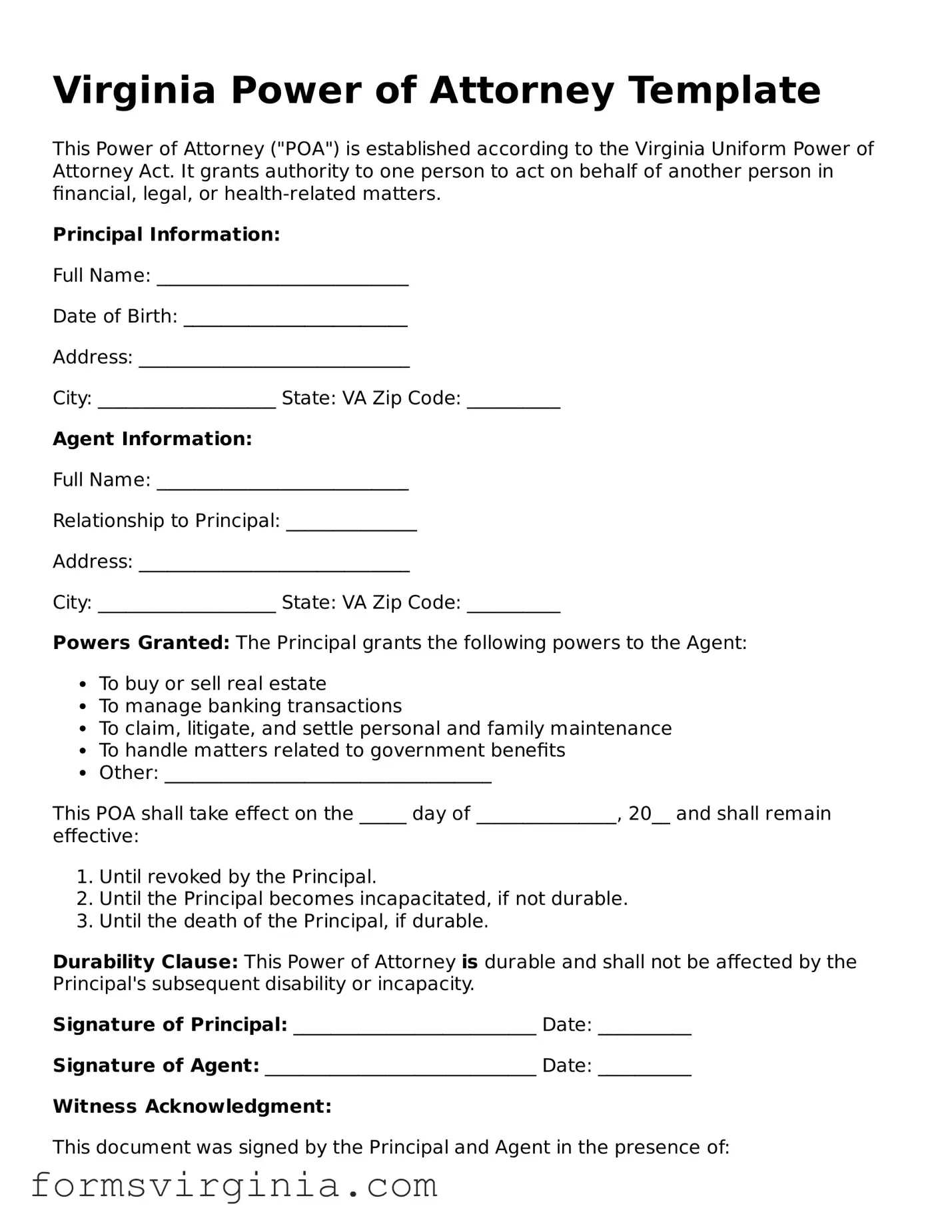 Official Virginia Power of Attorney Document