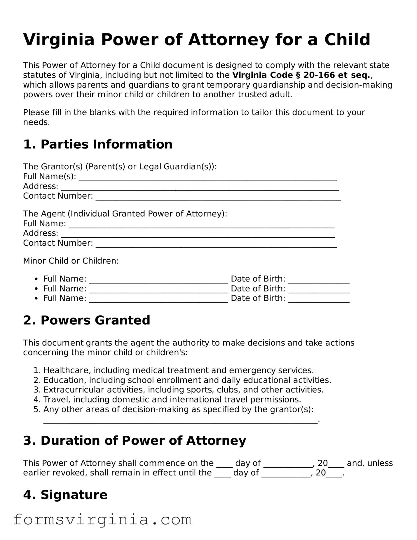 Official Virginia Power of Attorney for a Child Document