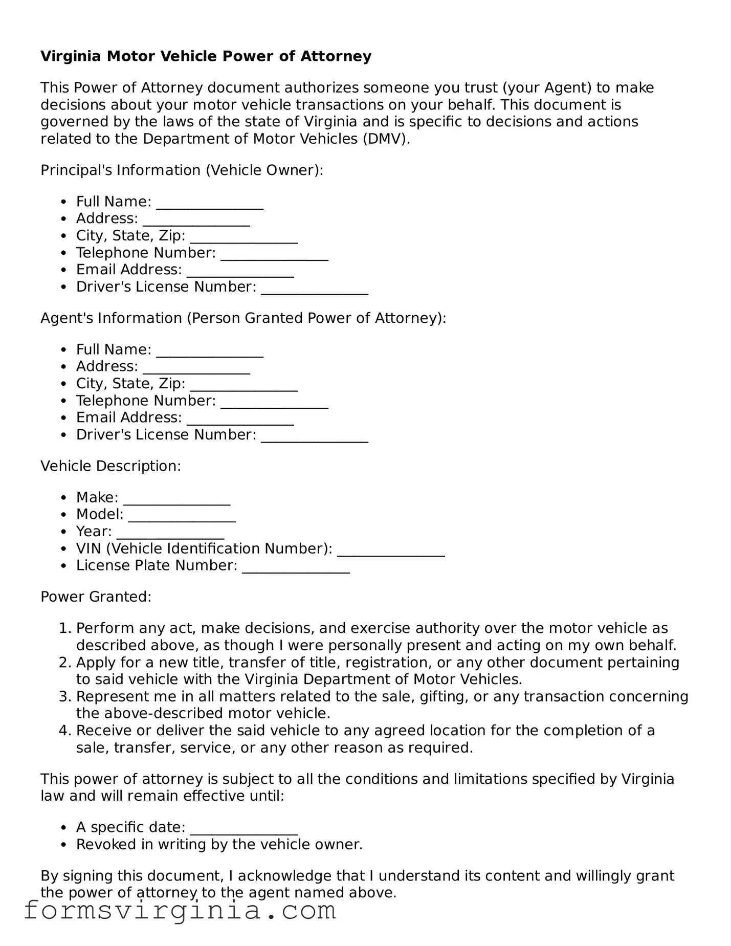 Official Virginia Motor Vehicle Power of Attorney Document