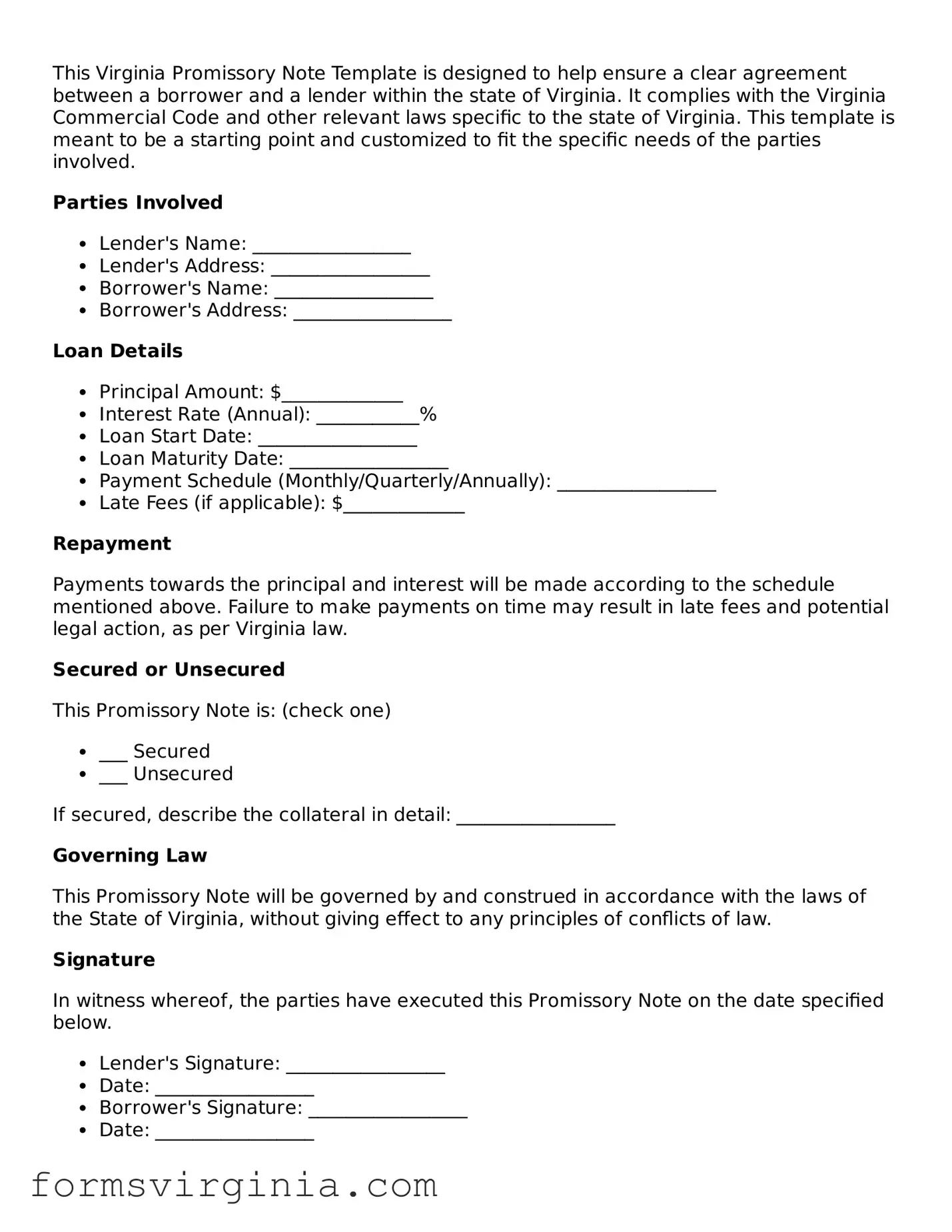 Official Virginia Promissory Note Document