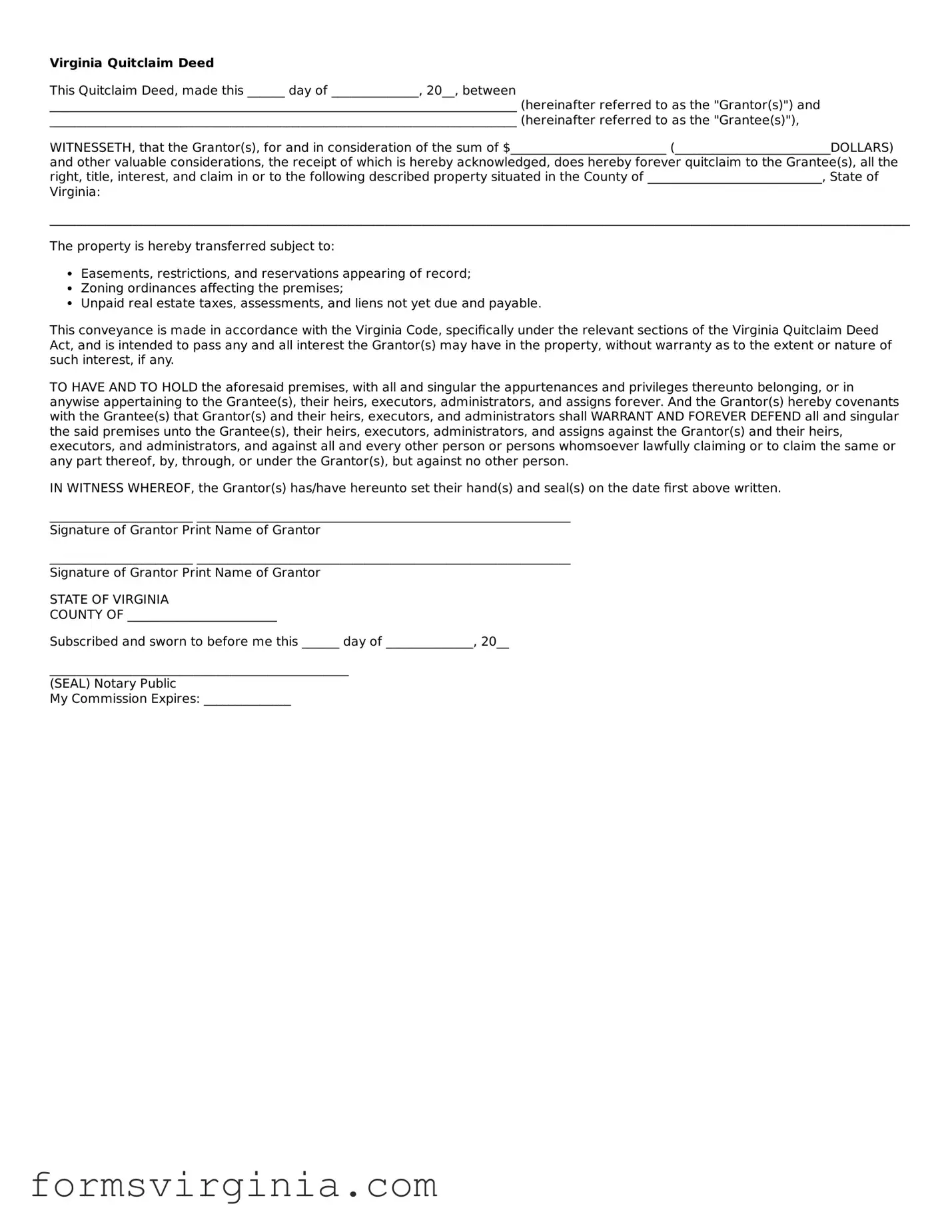 Official Virginia Quitclaim Deed Document