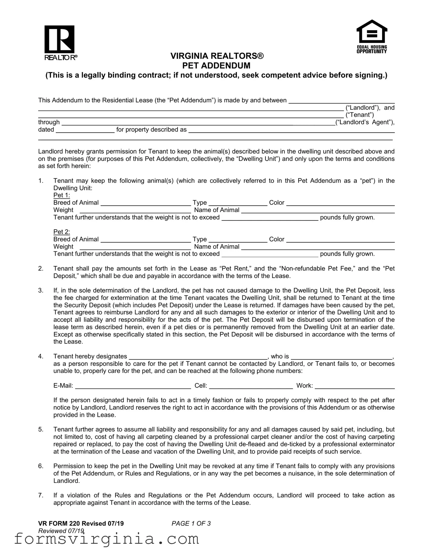 Free Virginia Realtors Pet Addendum PDF Form