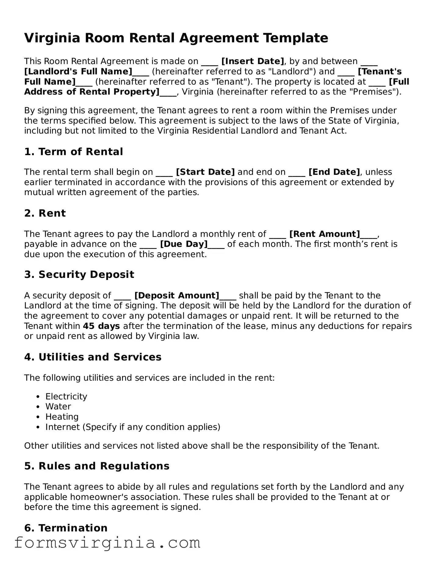 Official Virginia Room Rental Agreement Document