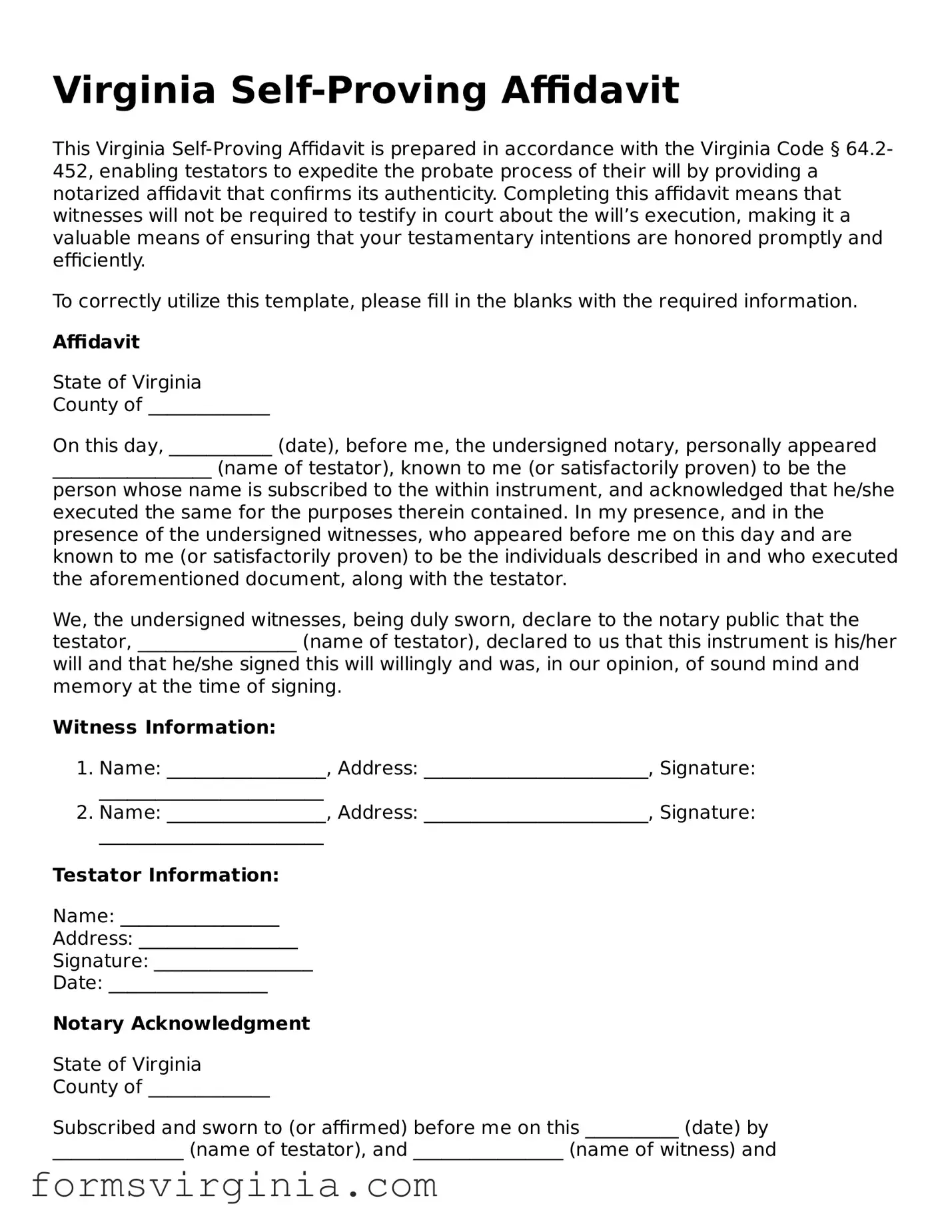 Official Virginia Self-Proving Affidavit Document