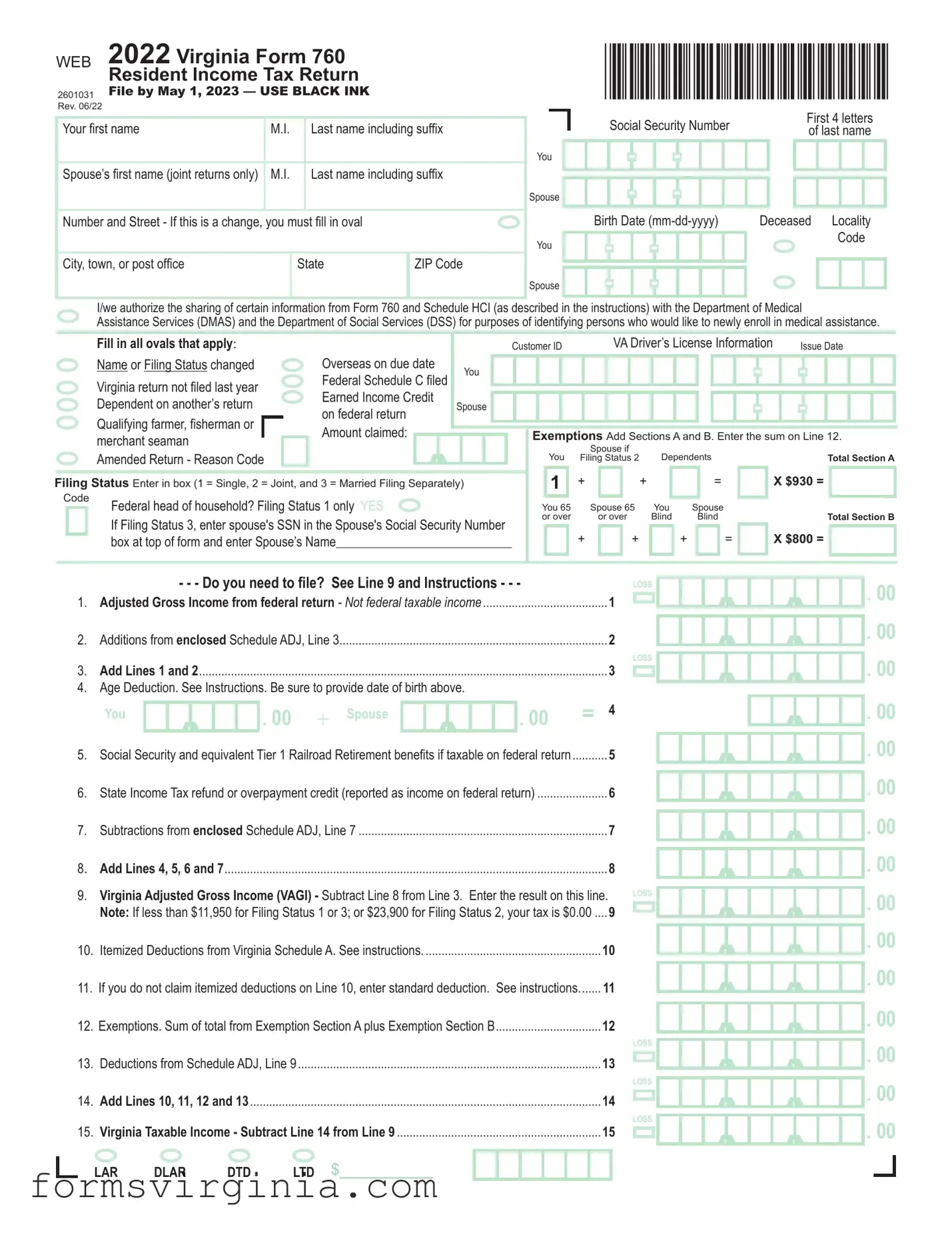 Free Virginia State Tax Return 760 PDF Form