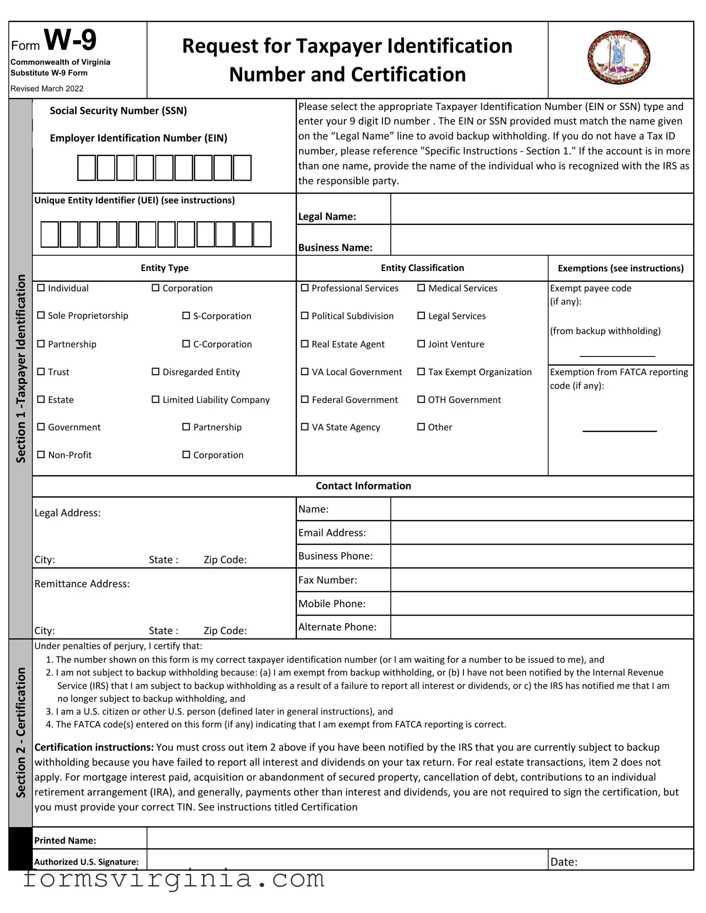 Free Virginia State W 9 PDF Form