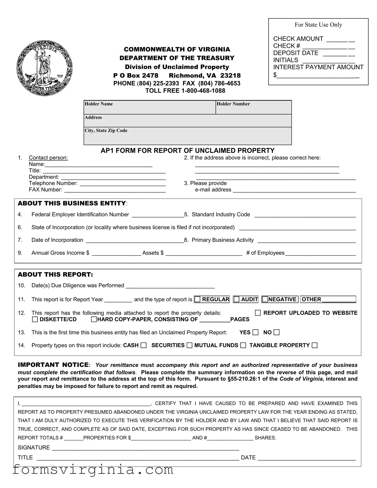 Free Virginia Unclaimed Property PDF Form